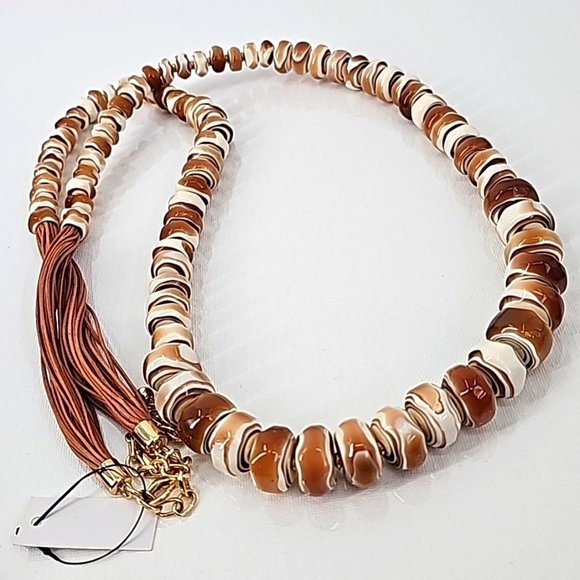 Chico's Long Rustic Stone Statement Necklace w Faux Leather Fringe & Gold Chain - Picture 9 of 13